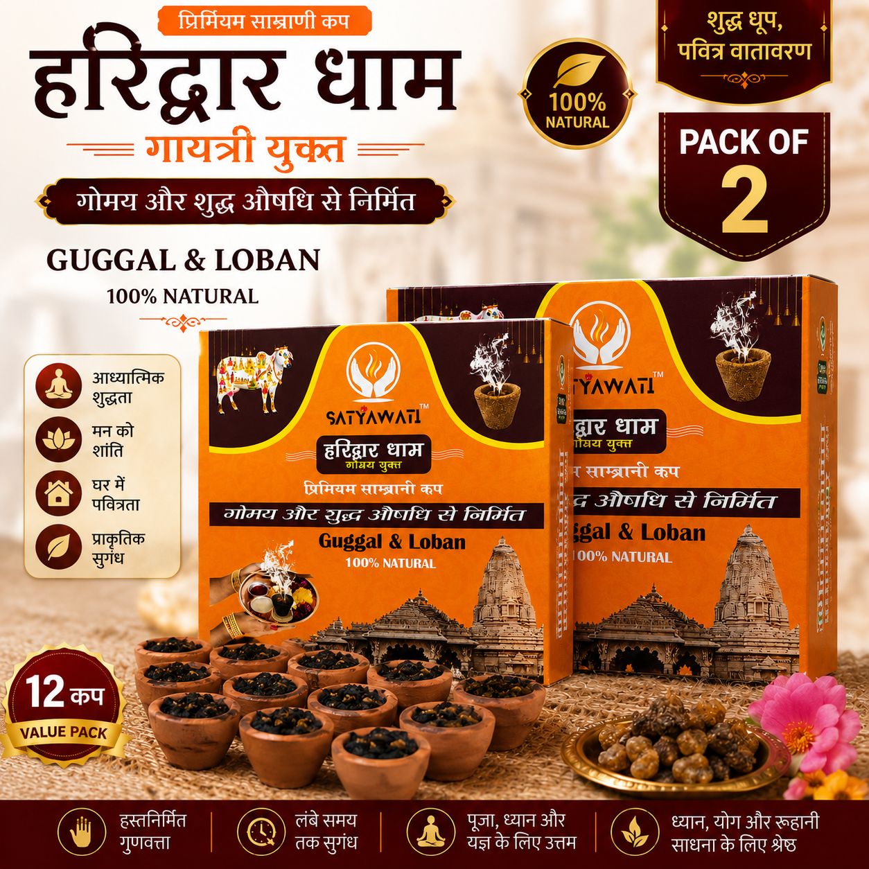 SATYAWATI Haridwar Dham Gayatri Yukta Sambrani Cup | Guggal & Loban Dhoop Cups | 100% Natural Premium Hawan Dhoop | Long Lasting Fragrance for Puja, Meditation & Spiritual Rituals | Pack of 2 (12 Cups Each)