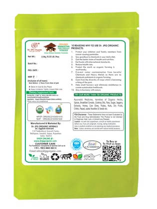 Dr. JPG Organic Herbals Manjistha Powder | INDIA ORGANIC Certified | 114g Pack of 2