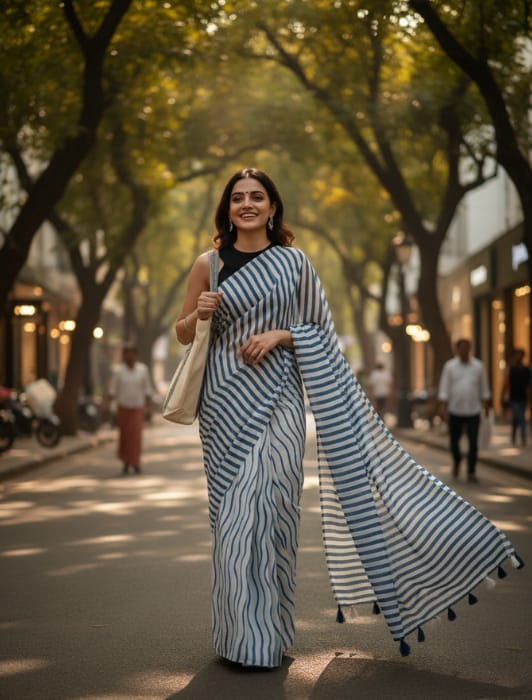 WOTM Breeze Stripe 1 Minute Saree for Women | Ready to Wear Pre-Pleated Saree | Linen Blend Readymade Saree with Unstitched Blouse | Casual & Office Wear Saree