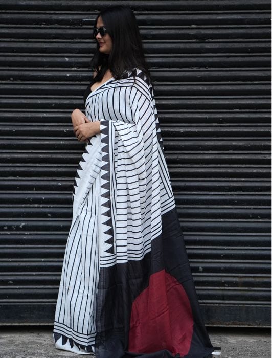 WOTM Noir Classic 1 Minute Saree for Women | Ready to Wear Pre-Pleated Saree | Linen Blend Readymade Saree with Unstitched Blouse | Casual & Office Wear Saree