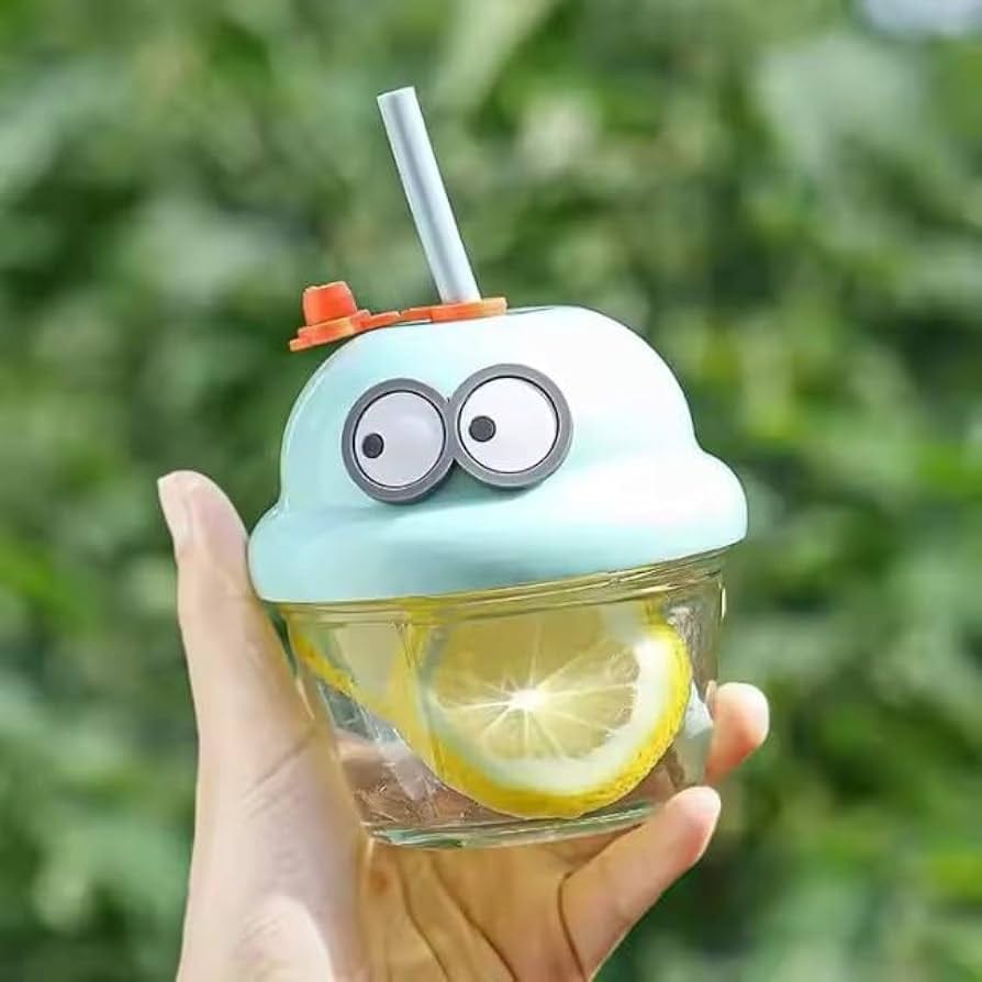 Creative Cartoon Glass Cup, sipper with Straw and Lid for Kids 