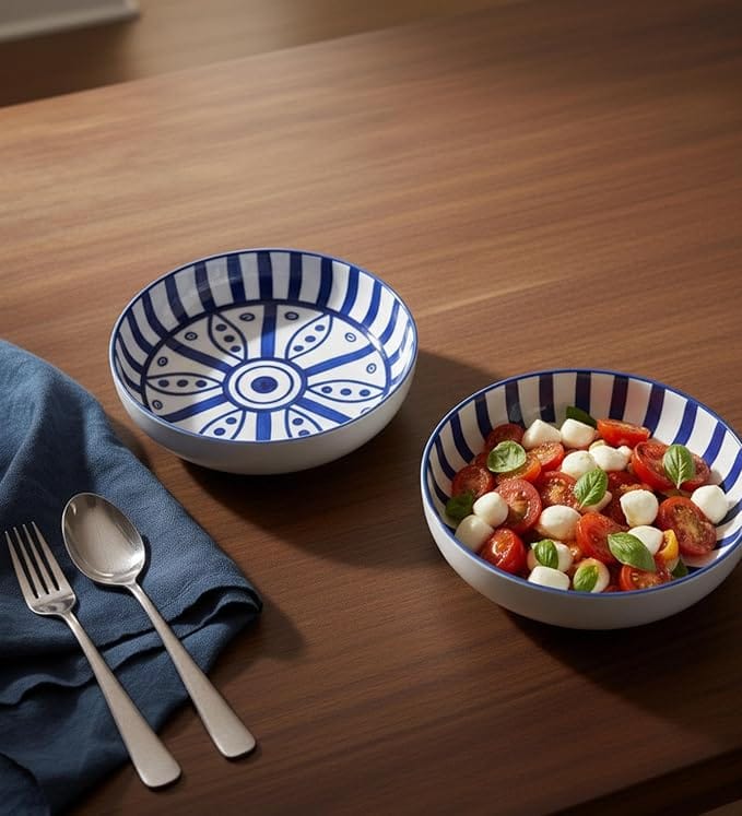 Table & Tale Fine Porcelain Bowl with Elegant Blue Pattern | Crafted in Sri Lanka | Durable, Scratch Resistant | Perfect for High-End Dining | Used for Soups, Salads, Snacks, Nuts