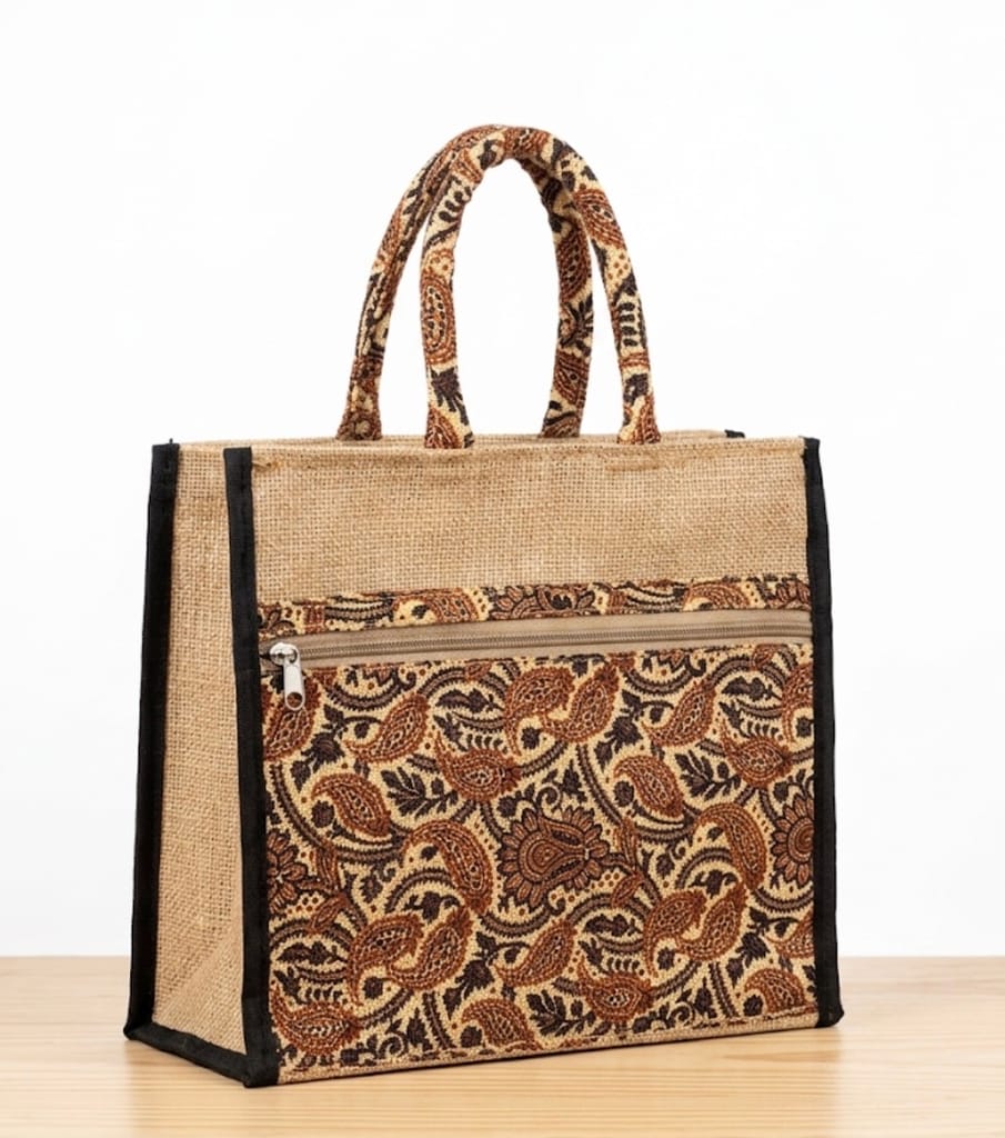 Natural Jute Tote Bag with Brown Paisley Design, Zippered Pocket and Inner Lining