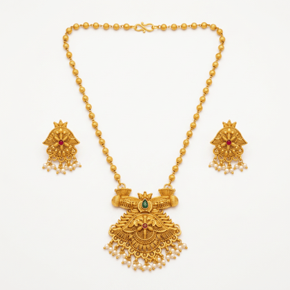 Traditional Gold Plated Temple Jewellery Necklace Set with Earrings Traditional Gold Plated Temple Jewellery Necklace Set with Earrings