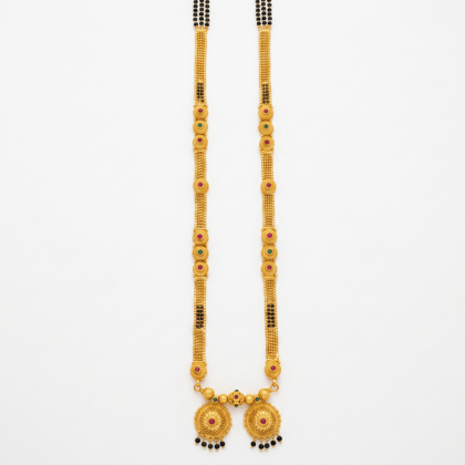 Traditinal Dual Vati Long Mangalsutra with Red & Green Stones Traditinal Dual Vati Long Mangalsutra with Red & Green Stones