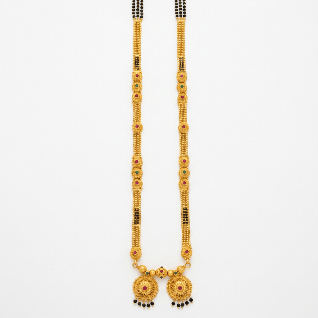Traditinal Dual Vati Long Mangalsutra with Red & Green Stones