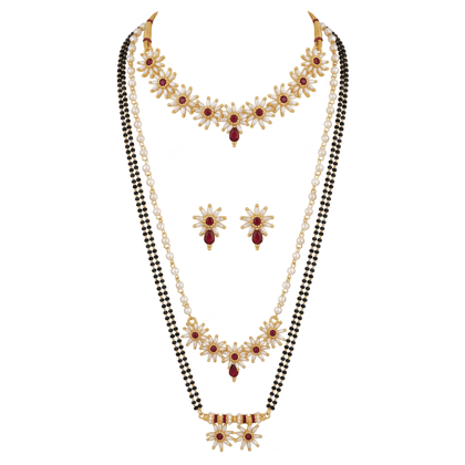 Traditional Gold Plated Mangalsutra Combo with Kundan & Ruby Accents Traditional Gold Plated Mangalsutra Combo with Kundan & Ruby Accents