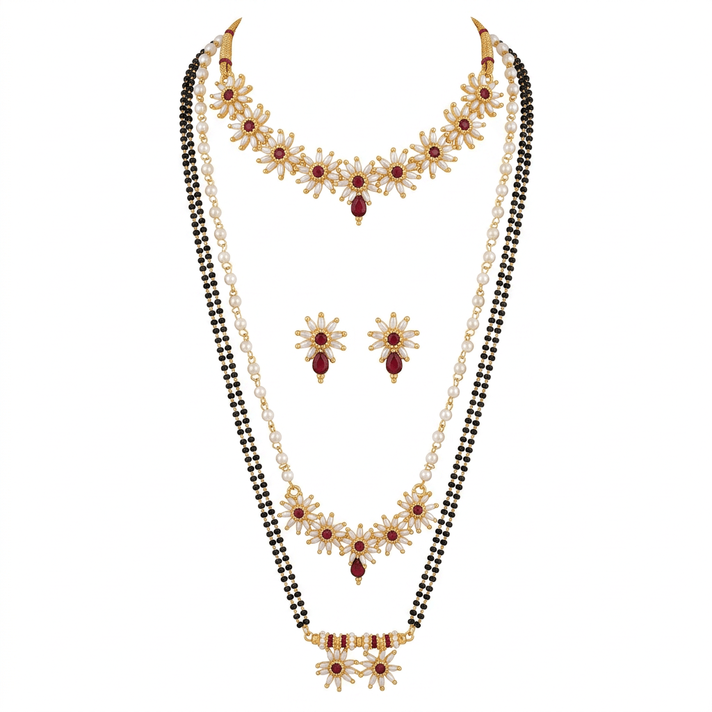 Traditional Gold Plated Mangalsutra Combo with Kundan & Ruby Accents