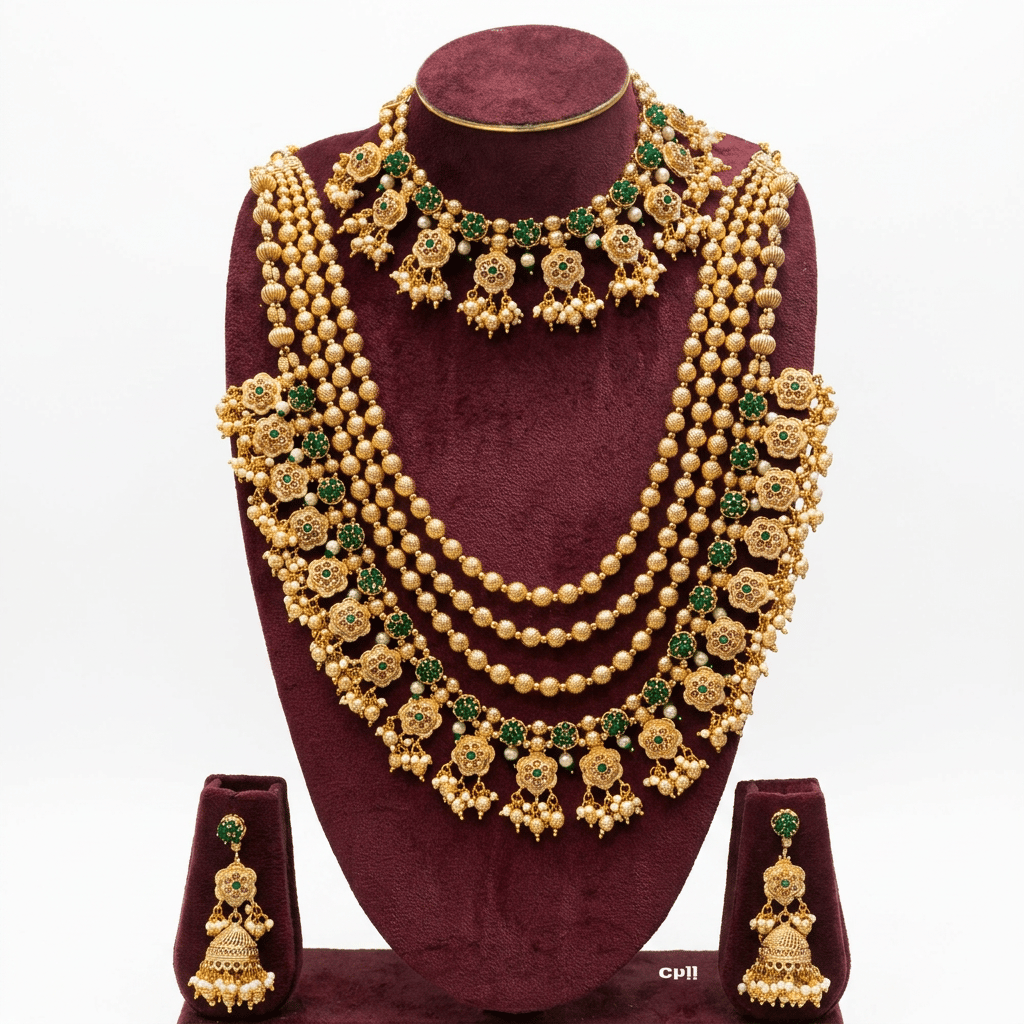 Gold Plated 5-Layer Pearl and Emerald Green Stone Dulhan Necklace Set with Jhumka Earrings
