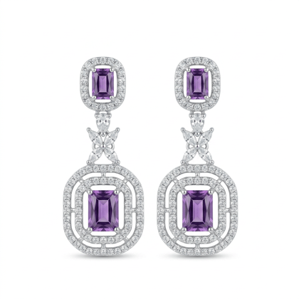 Emerald Cut Amethyst CZ Double Halo Drop Earrings in Sterling Silver Emerald Cut Amethyst CZ Double Halo Drop Earrings in Sterling Silver