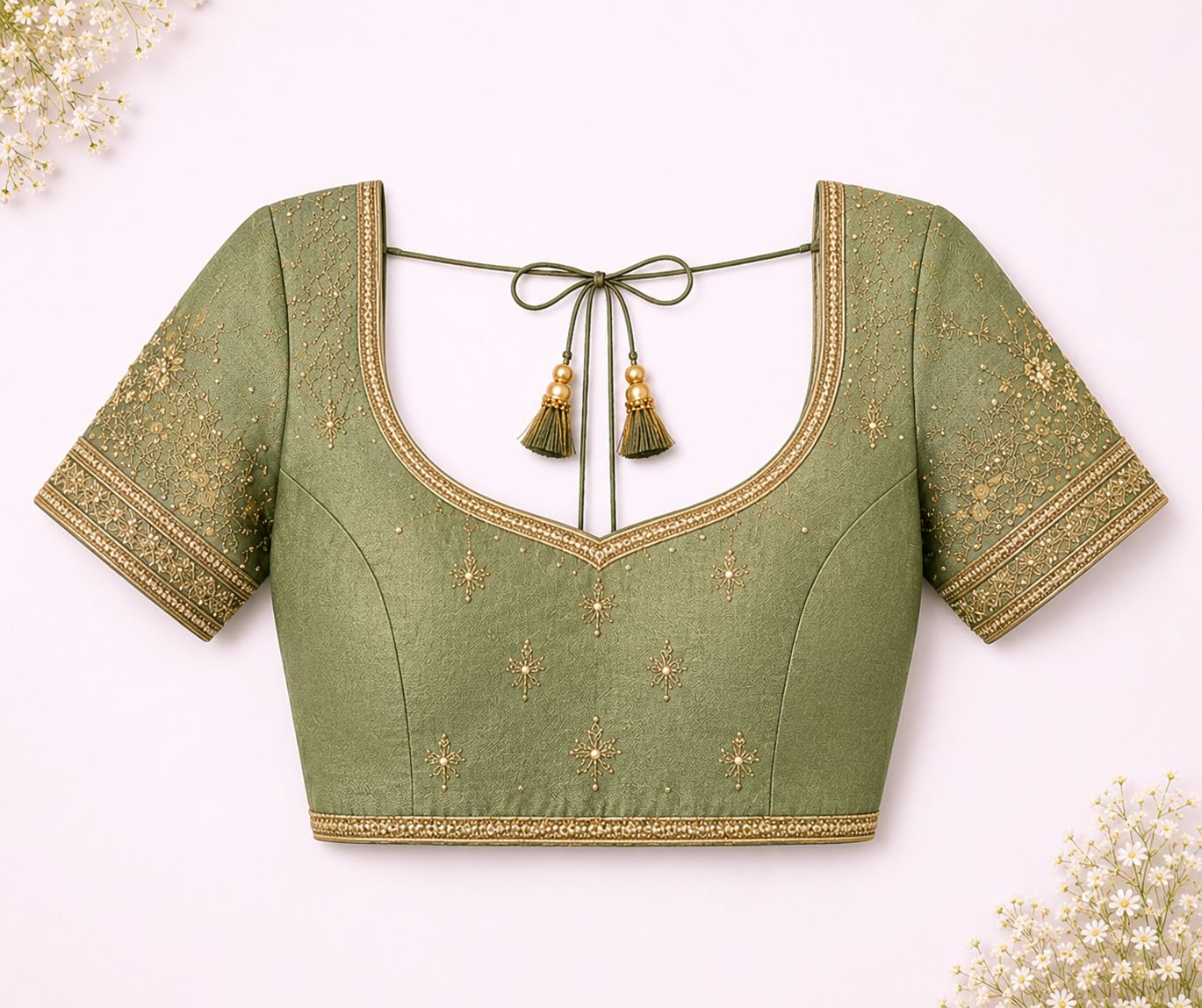 Women's Embroidered Olive Green Silk Designer Blouse with Latkan