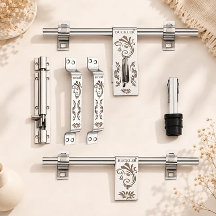 BUCKLER Stainless Steel Premium Door Kit (Pack of 6) - 10-Inch Aldrop, Latch, 2 Handles, Tower Bolt & Stopper - Glossy Finish with Designer Brown Chevron Inlay (Ganesha-1)