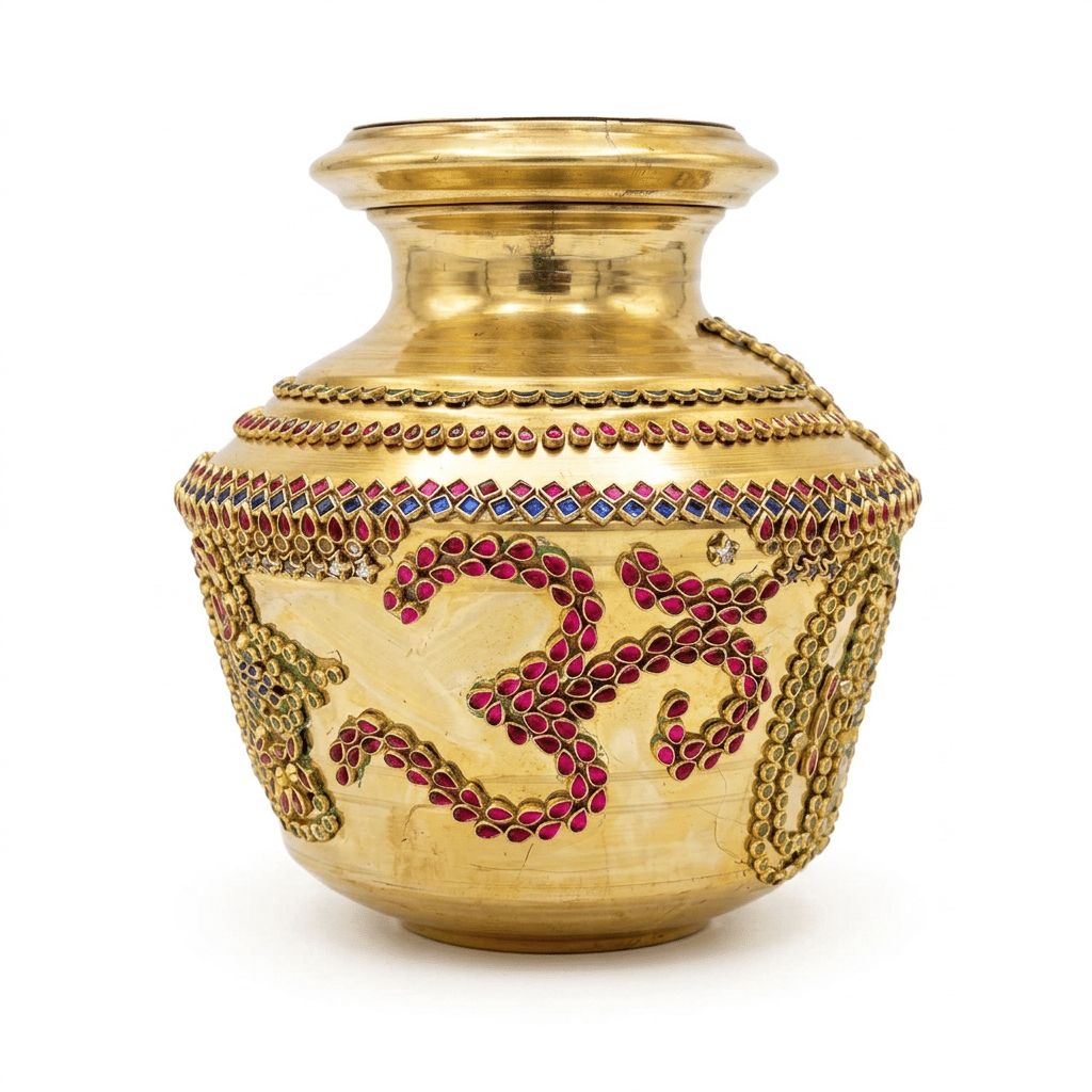 Handcrafted Brass Lota with Om Engraving and Ruby Emerald Accents