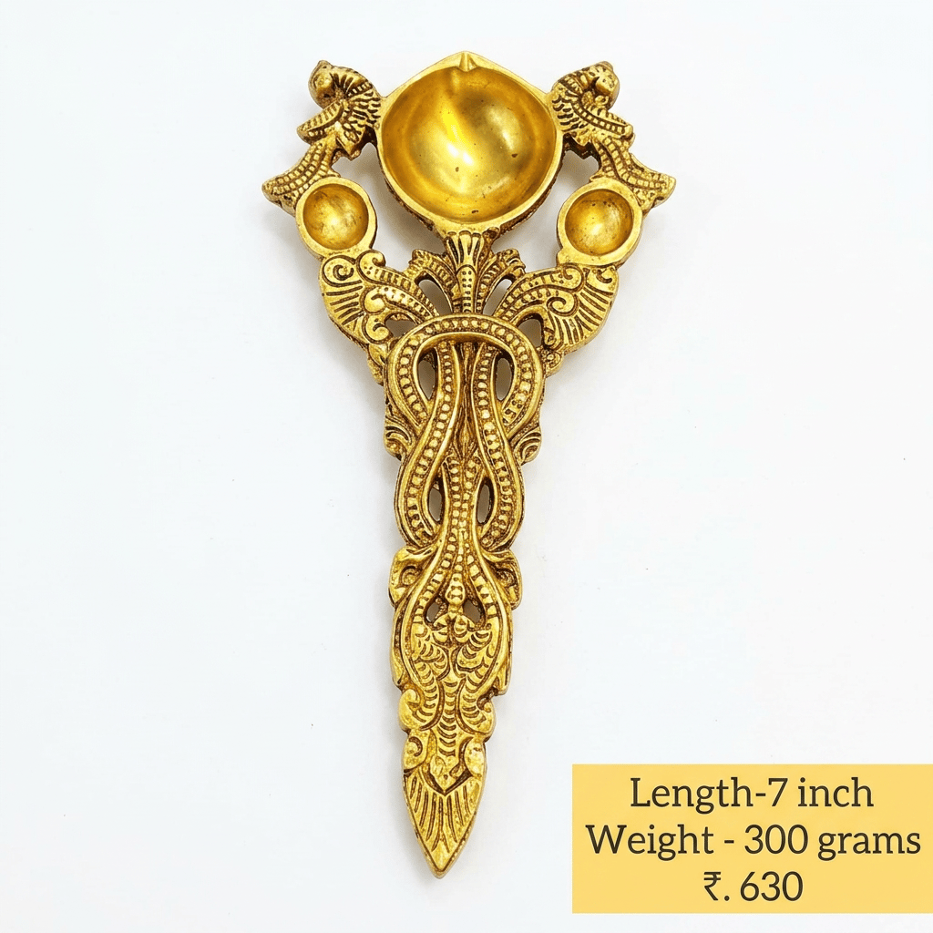 7-Inch Brass Peacock Diya Spoon for Aarti, 300g