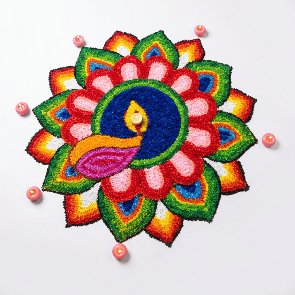 Peacock Tealight Diya Handcrafted Fabric Rangoli with Candles
