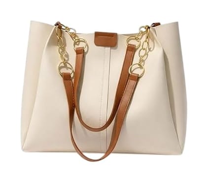 Everyday Chic Women's Tote Bag in White and Brown PU Leather