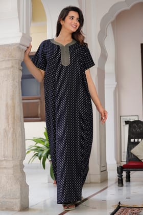 Women's Black Cotton Printed Kaftan Dress