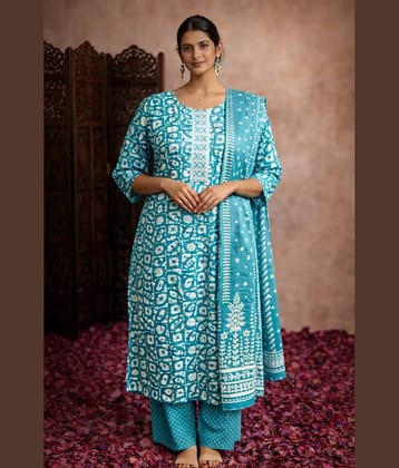 Aarika Women Cotton Embroidered Straight Kurti With Pants ( Teal )