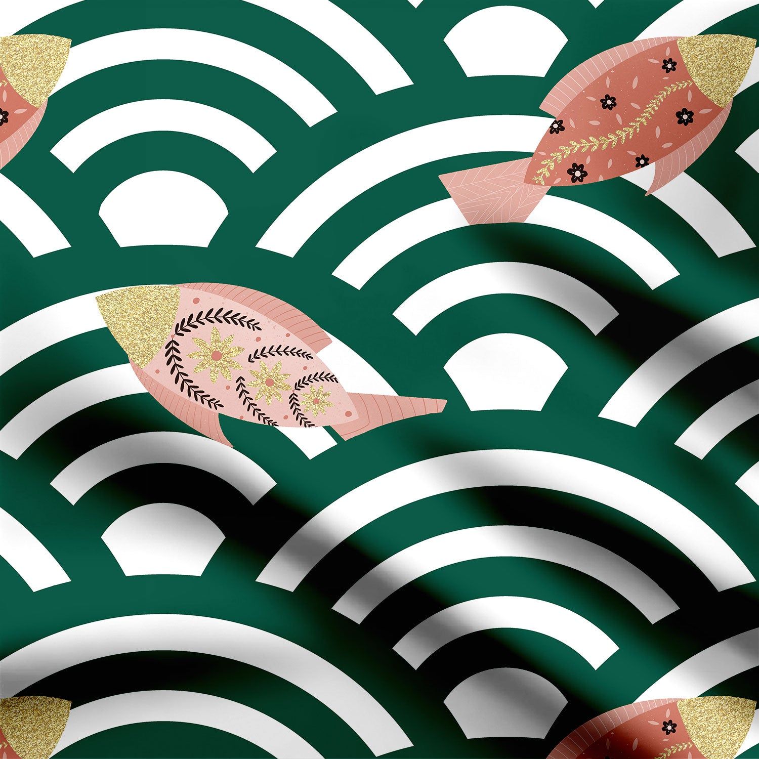 Fishes in Seigaiha waves green and rust Print Fabric-Pashmina