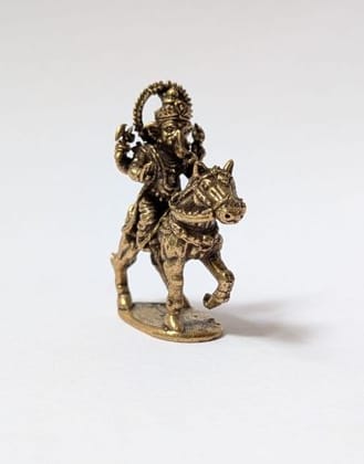 Small Brass Ganesha Idol Riding a Horse Statue
