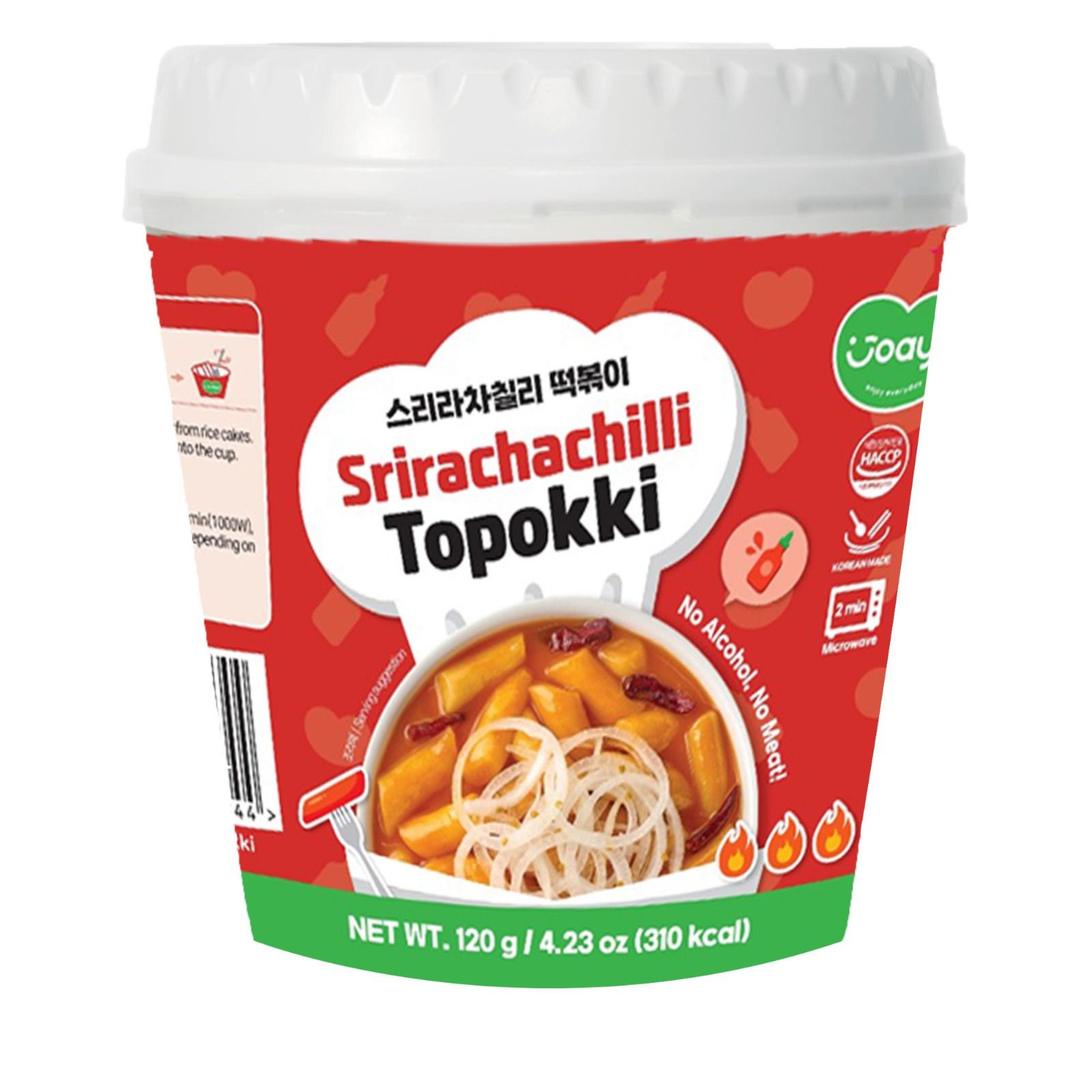 Joayo Srirachachili Topokki Instant Rice Cakes with Rich & Spicy Flavorful Savory Sauce 120g Rice Teokboki, Vegetarian (Made In Korea)