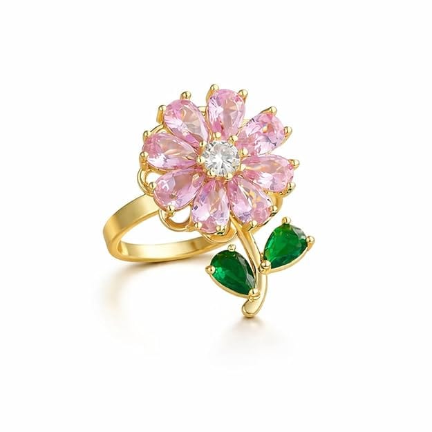 Gold Plated Rotating Spinner Flower Finger Ring for Women & Girls | Pink Crystal Floral Adjustable Ring | Fashion Jewellery Gift for Girls