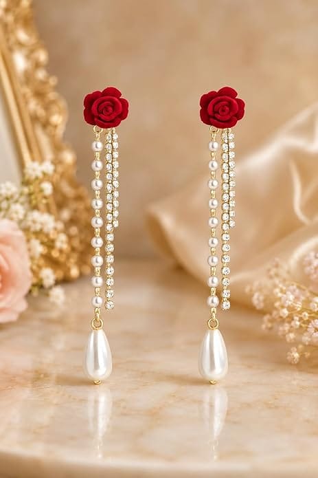 Rose Pearl Drop Earrings for Women | Red Flower Long Dangle Earrings with Rhinestone Tassel | Korean Style Pearl Earrings for Girls & Women