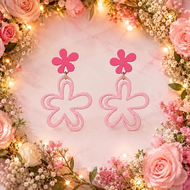 Pink Floral Drop Earrings for Women | Cute Korean Style Flower Dangle Earrings | Lightweight Acrylic Statement Earrings | Trendy Fashion Jewellery Gift for Girls & Women