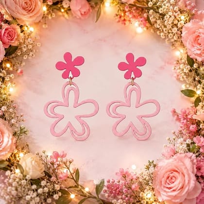 Pink Floral Drop Earrings for Women | Cute Korean Style Flower Dangle Earrings | Lightweight Acrylic Statement Earrings | Trendy Fashion Jewellery Gift for Girls & Women