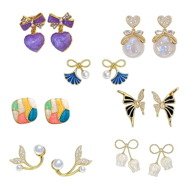 7 Pairs Women Trendy Gold Plated Pearl & Enamel Stud Earrings Set – Cute Bow, Heart, Butterfly & Shell Design Earrings for Girls & Women – Fashion Jewelry Combo Pack