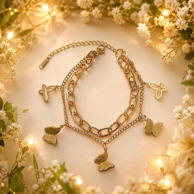 Gold Butterfly Charm Bracelet for Women – Layered Chain Bracelet with Dainty Butterfly Charms, Adjustable, Tarnish Resistant Jewelry Gift for Women & Girls