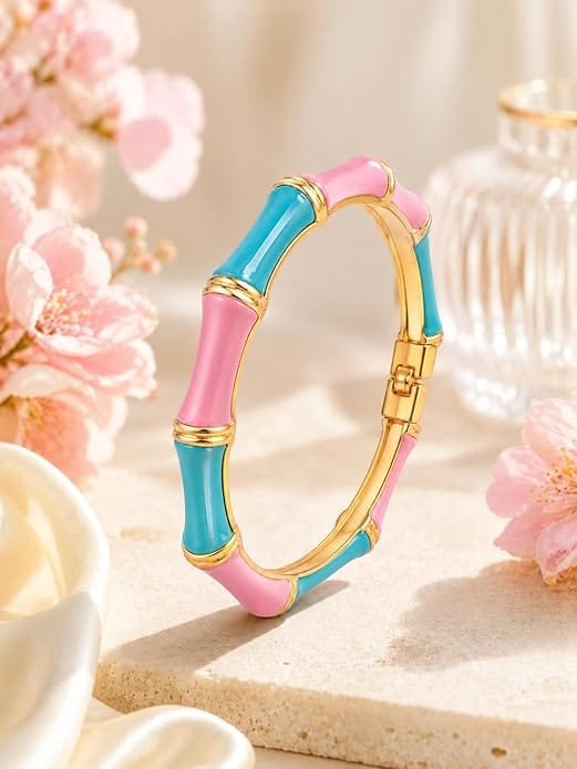 Pastel Bamboo Enamel Bangle Bracelet for Women | Gold Plated Pink & Blue Bamboo Design Kada | Stylish Fashion Jewellery for Girls & Women Search this page