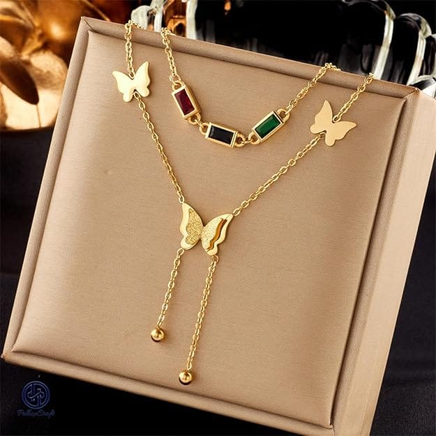 Golden Butterfly Layered Necklace for Women, Double Chain Pendant Necklace with Colorful Stone Charms, Adjustable Elegant Jewelry Gift for Girls & Women