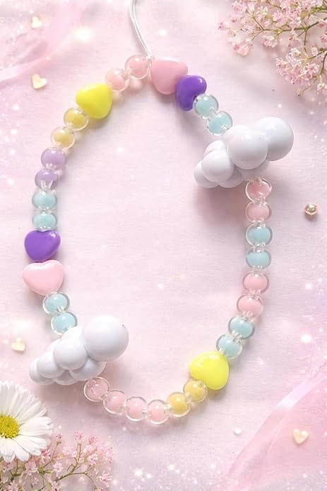Pastel Beaded Phone Charm Strap with Heart & Cloud Design | Cute Mobile Hanging Strap | Kawaii Phone Accessories for Girls & Women | Handmade Wrist Lanyard