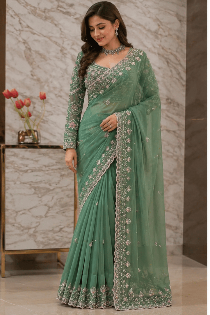 Tessa Green Chiffon Saree with Hand Embroidery