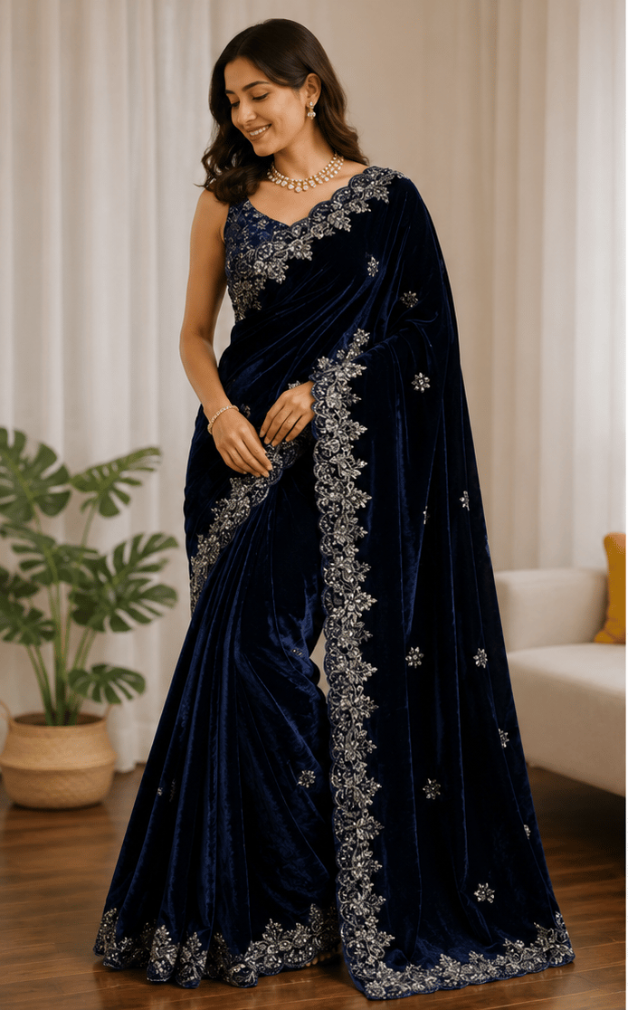 Women's Navy Blue Velvet Saree with Silver Embroidery