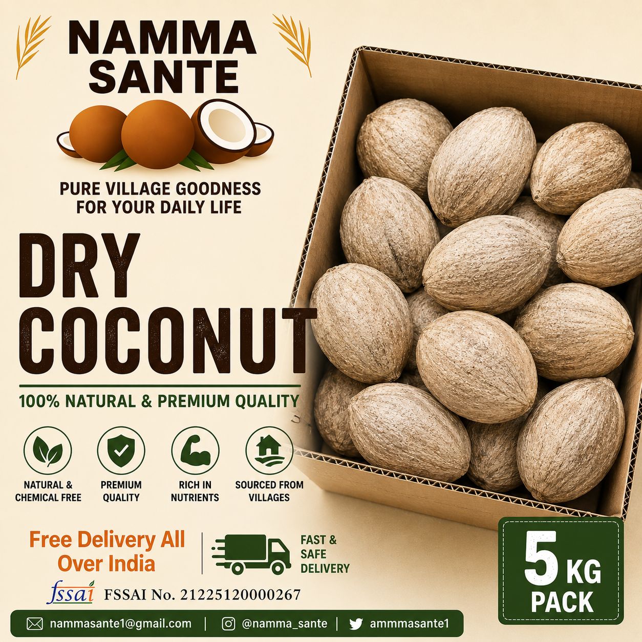 Dry Coconut, Copra, Sukha Nariyal, Khopra, Desiccated Coconut 5kg 