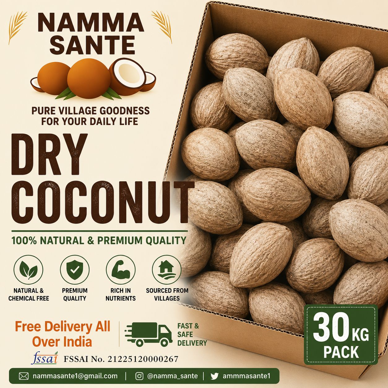 Dry Coconut, Copra, Sukha Nariyal, Khopra, Desiccated Coconut 30kg 
