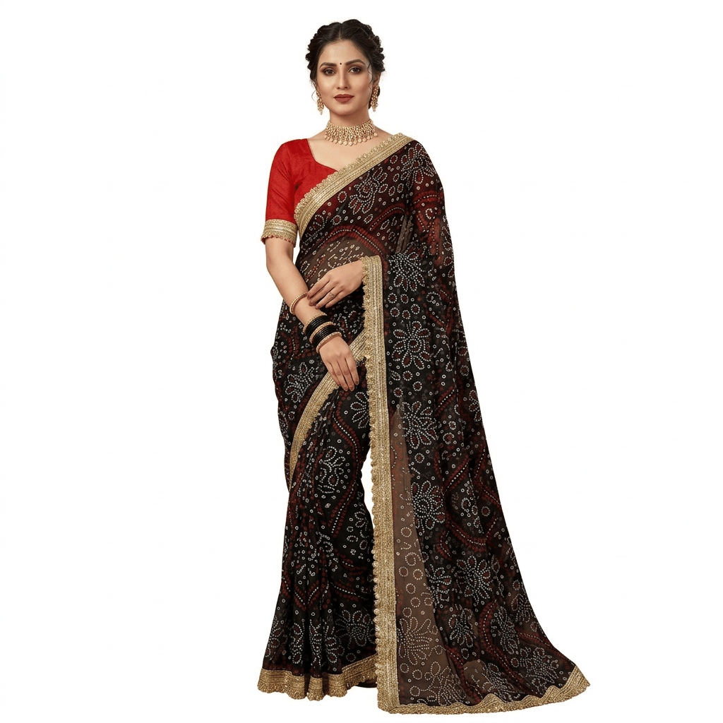 Kavya Bandhani Printed Saree with Fancy Lace Border and Art Silk Blouse