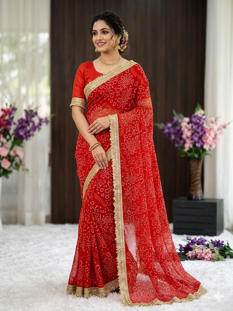 Kavya Bandhani Printed Saree with Fancy Lace Border and Art Silk Blouse