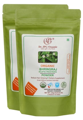 Dr. JPG Organic Herbals Bhringraj Powder For Hair & Scalp Health 228g | Eclipta Prostrata | INDIA ORGANIC Certified. (114g X 2PC=228g)