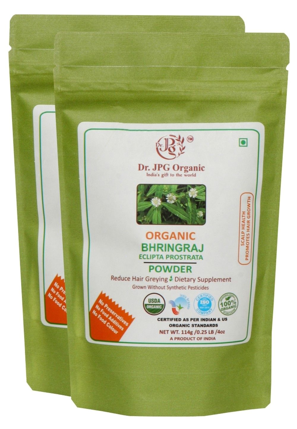Dr. JPG Organic Herbals Bhringraj Powder For Hair & Scalp Health 228g | Eclipta Prostrata | INDIA ORGANIC Certified. (114g X 2PC=228g)