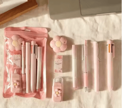 7 Piece Cute Stationery Kit, Complete School and Office Supplies Set for Students, (Pink)