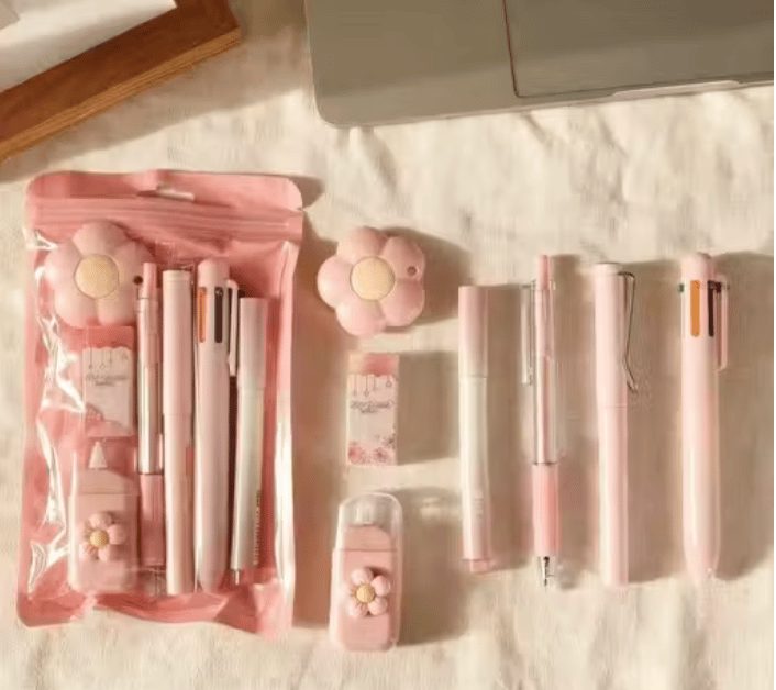 7 Piece Cute Stationery Kit, Complete School and Office Supplies Set for Students, (Pink)