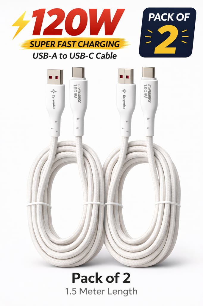 Tarendra 120W Fast Charging USB Cable, 1.5 Meter USB-A to USB-C, 5 Core Copper Braided Cable, Supports VOOC, SuperVOOC, Dash, Dart, Warp & Super Fast Charging