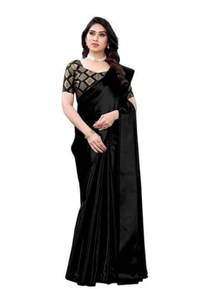 Generic Women's Satin Saree with Blouse (Black, 5 - 6 Mtrs)