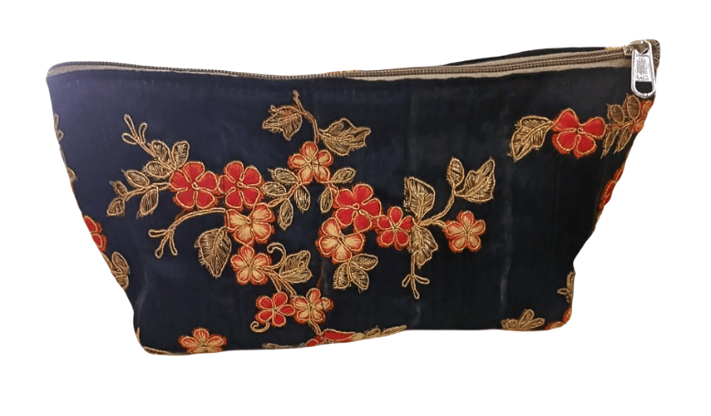 Black Silk Pouch with Gold & Red Embroidery