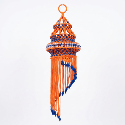 Handmade Macrame Lantern Wall Hanging in Orange and Blue with Crystal Beads