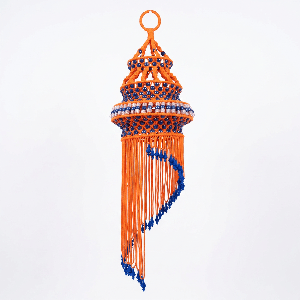 Handmade Macrame Lantern Wall Hanging in Orange and Blue with Crystal Beads