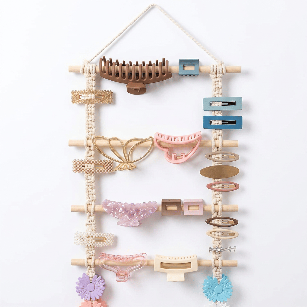 Handmade Macramé Hair Clip and Claw Clip Wall Hanging Organizer